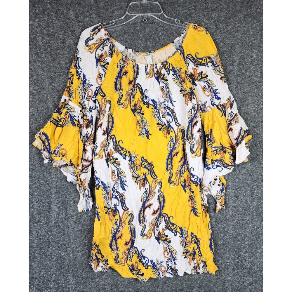 Cato Tunic Top Women M Yellow Paisley Ruffle Bell Sleeve Boho EUC